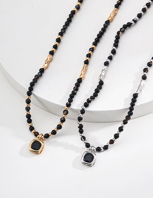 Black Agate Necklace Round Polished S925